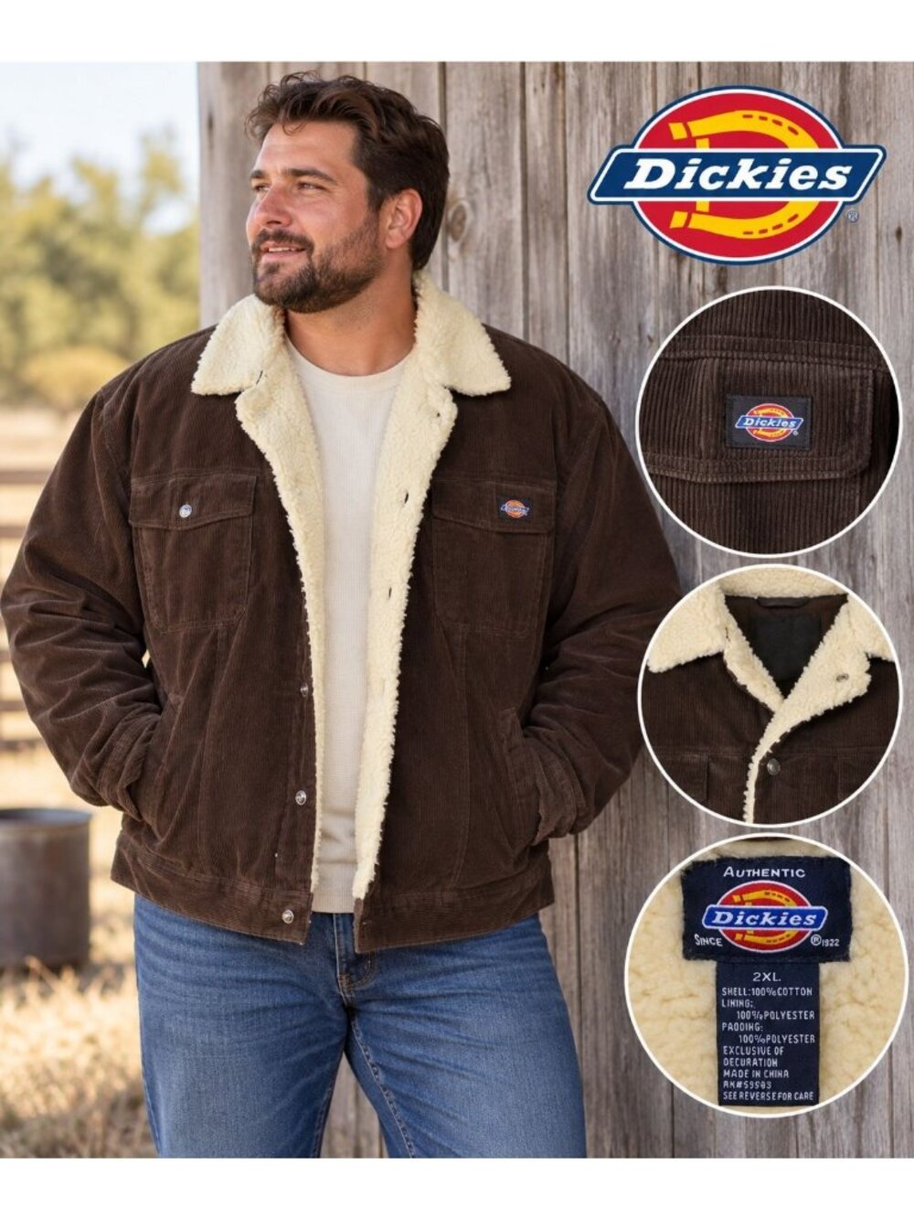 Dickies Mens 2XL Brown Corduroy Sherpa Lined Trucker Jacket Workwear XXL